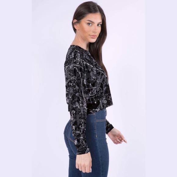 Long Sleeve Astrology Print Velvet Crop Top - Picture 2 of 5